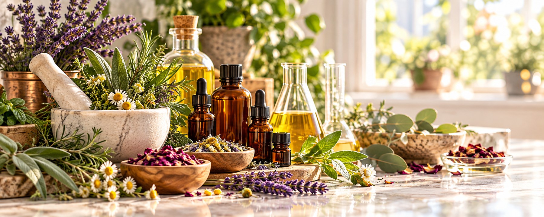 Botanical apothecary and formulation workspace representing the heritage behind Zilara