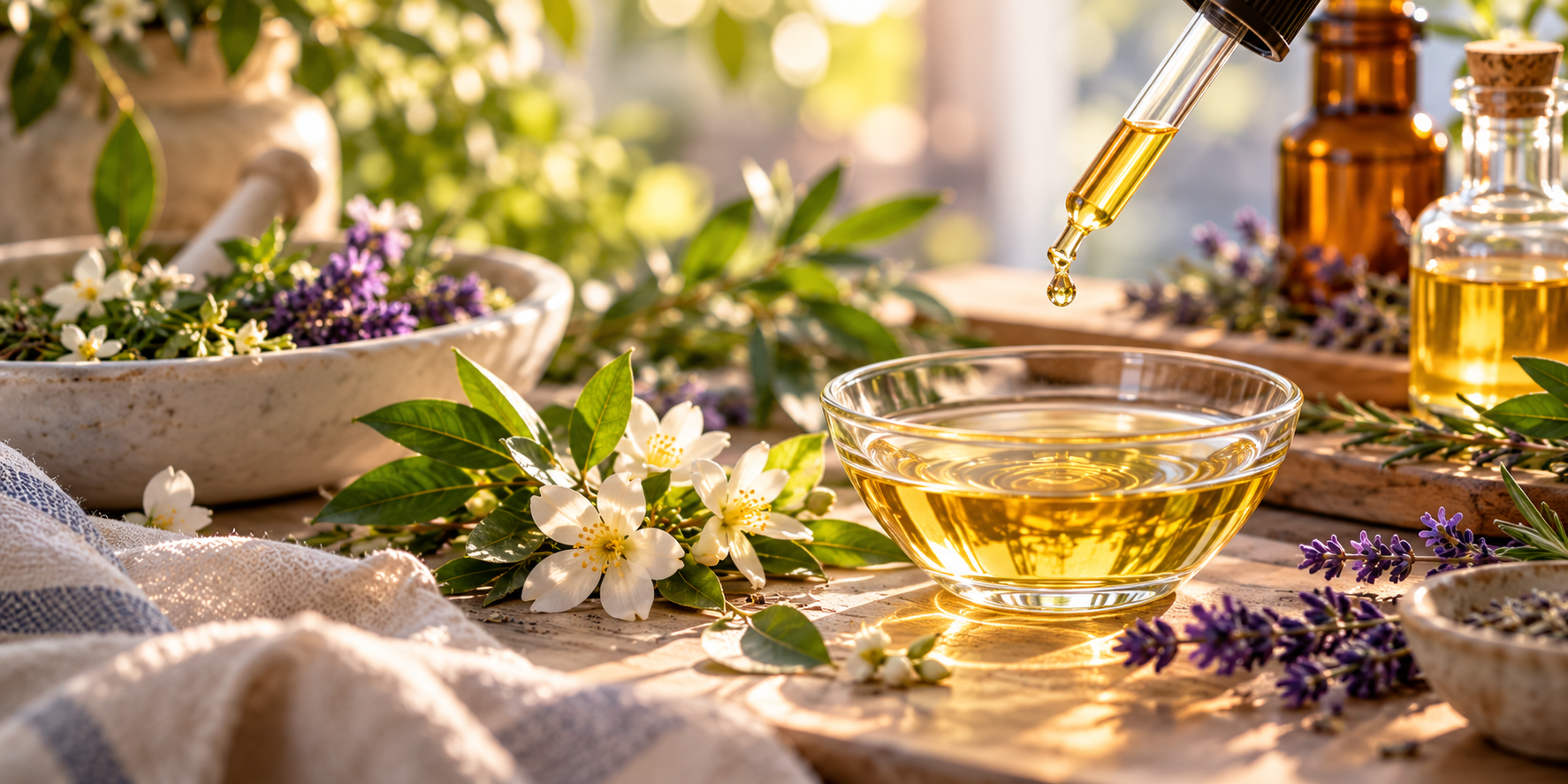 Carrier oils, botanicals and glassware in a sunlit stillroom setting