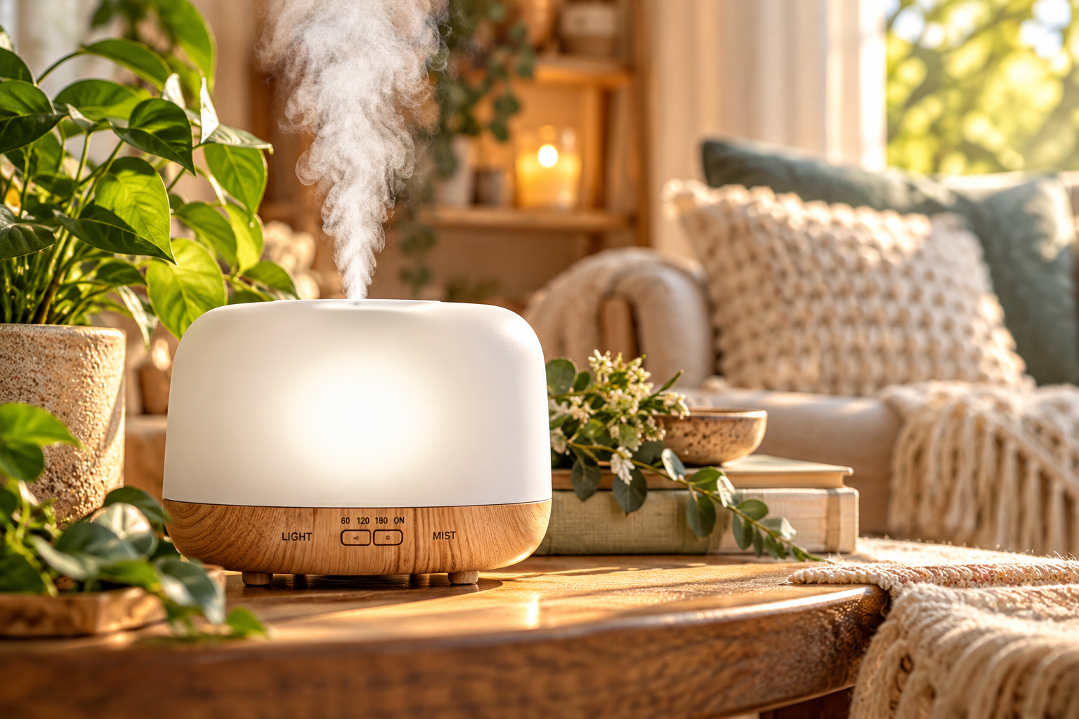 Essential oil diffuser misting in a warm home setting