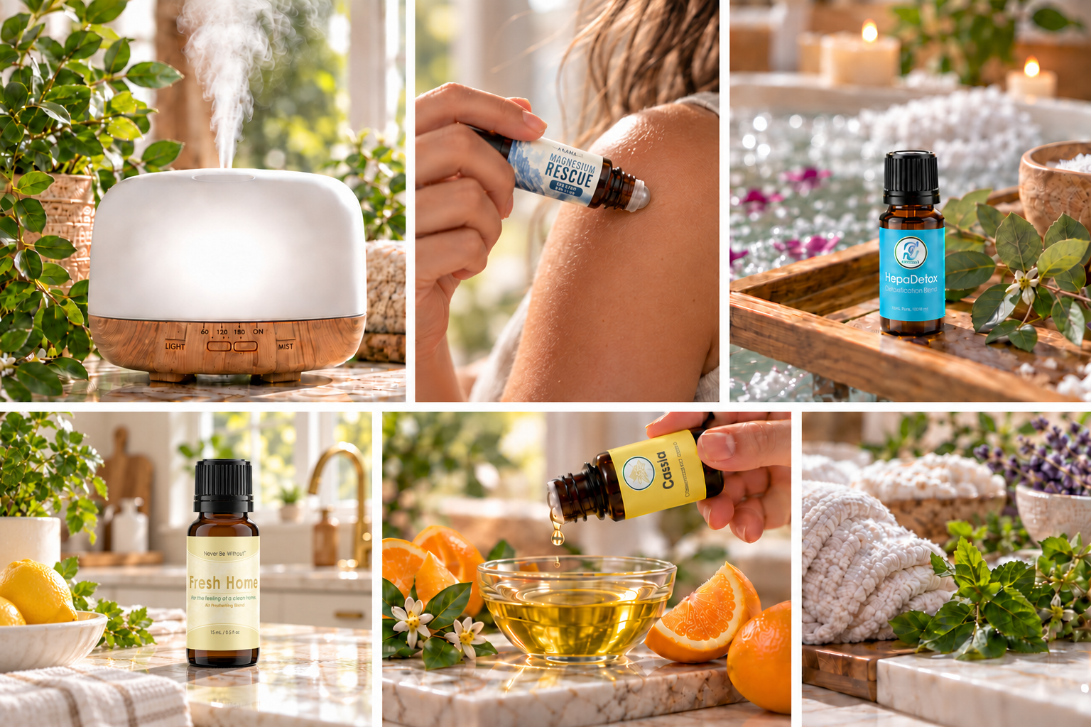 Essential oils in everyday use including diffusion, topical application, bath use and blending
