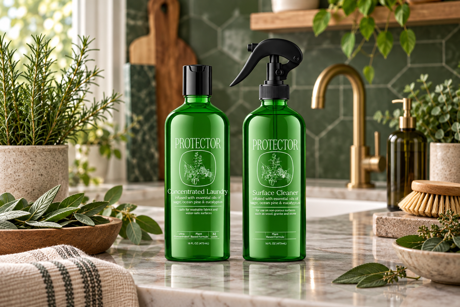 Fresh botanical kitchen or bath setting styled for Protector