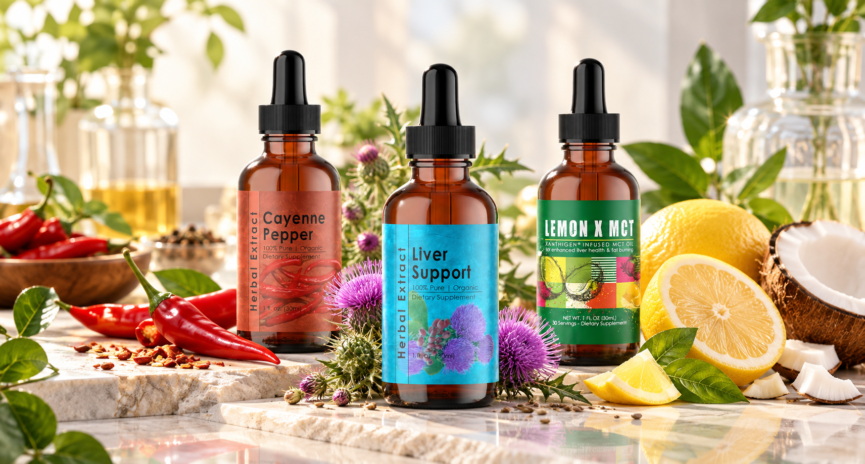 Cayenne Pepper, Liver Support, and Lemon X MCT in a bright botanical apothecary setting